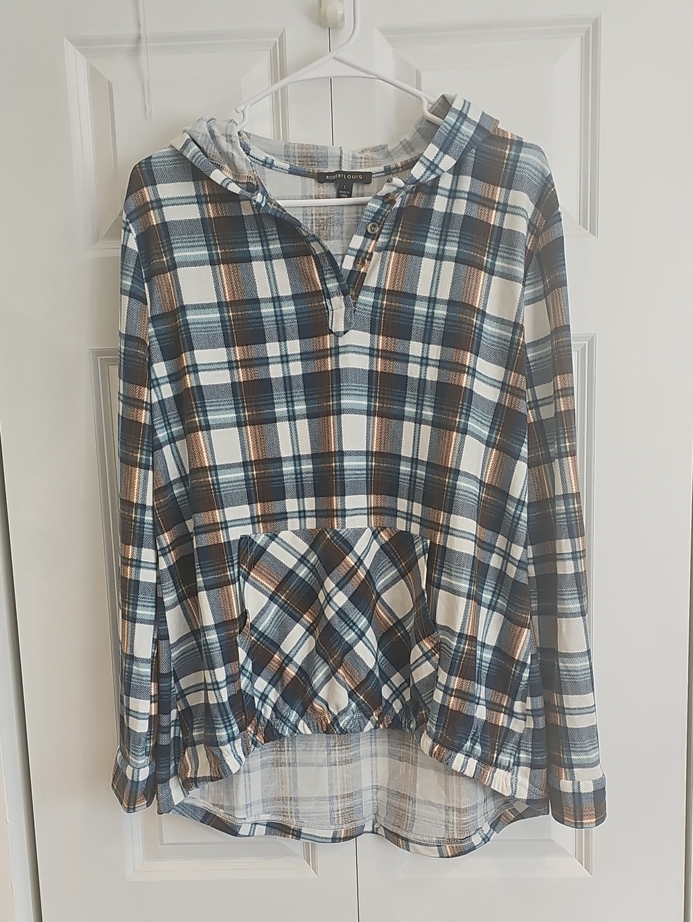 Robert Louis Blue, Brown & Cream Plaid Hooded Pullover